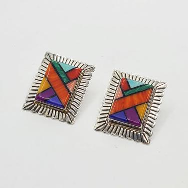 Multi-Stone Inlay Sterling Silver Southwestern Geometric Earrings signed Q.T. 