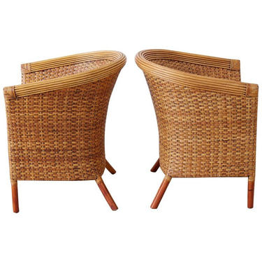 Pair of Palecek Bamboo Rattan Wicker Barrel Chairs by ErinLaneEstate