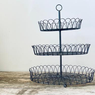 Black Wire Tiered Baskets | 3 Tier Tabletop Display | Curly Wire | Cupcake Stand | Fruit Basket | Tall Metal Baskets | Metal Serving Trays 