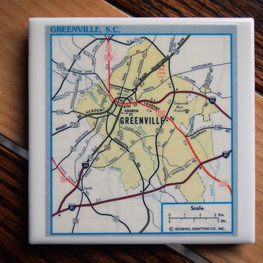 1981 Greenville South Carolina Vintage Map Coaster. Upstate South Carolina. City map drink coasters. 1980s map Office gift. US Southeast map 