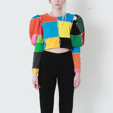 Zero Waste Puff Sleeve Blouse / Big Shoulder Cropped Top / Handmade Patchwork Rainbow Clothing 