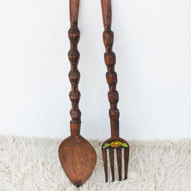 Large Vintage Hanging Hand Carved Wood Fork and Spoon with Floral detail on Fork - Made in the Philippines 