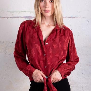 Vintage Gucci 1980s Blood Red Silk Leaf Print Button Up Blouse with Bishop Sleeves AS IS sz S M L 80s Made in Italy 
