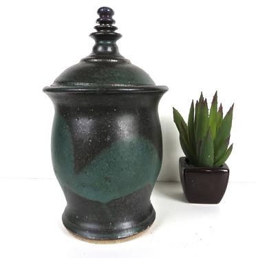 Studio Pottery Lidded Jar, Vintage Green And Black Stoneware Lidded Pottery, Handmade Memorial Urn, Pottery Pet Urn, Cremation Urn 