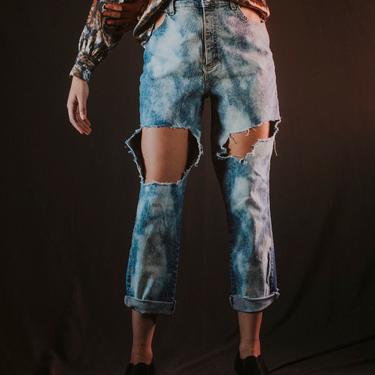 Distressed Vintage Lee Blue Jeans, Cut Out Pockets, Bleached, Torn, Size 12 