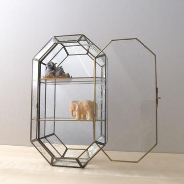 etched glass curio shelf - octagonal mirrored display case 