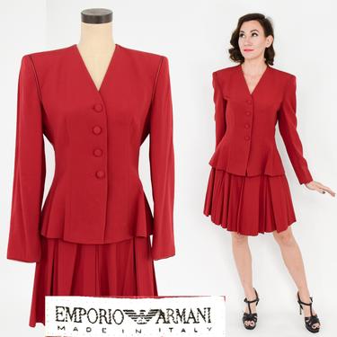 1980s Red Gabardine Suit | 80s Red Wool Gabardine Skirt Suit | Emporio Armani | Medium 