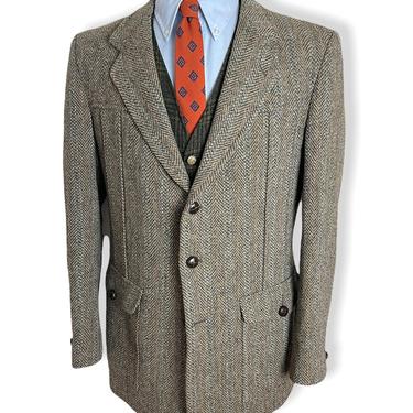 Vintage Dunn & Co HARRIS TWEED Wool Norfolk Jacket ~ 40 to 42 R ~ Herringbone blazer / sport coat ~ Hunting ~ Belted Back ~ 