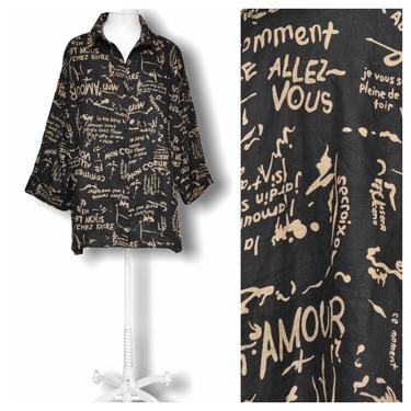 Vintage Black And Beige French Print Graphic Shirt Plus Size 3XL Linen Blend Blouse 