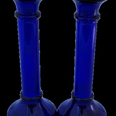 1980s Cobalt Blue Glass Candlesticks - a Pair