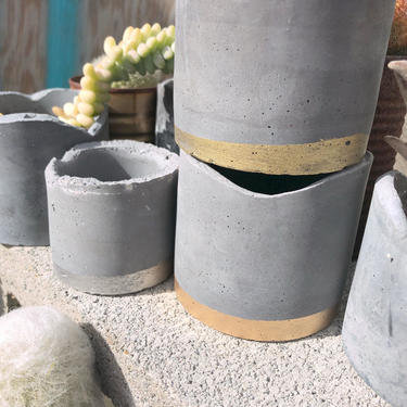 Small Concrete Planter Vessel Catchall Tealight Holder With Metalic Gilding Detail 