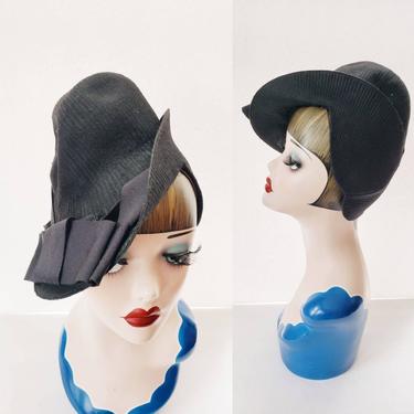 1930s Lilly Dache Tilt Hat / 30s Modernist Designer Hat Ribbed Rayon Large Ribbon Bow Asymmetrical / Rickie 