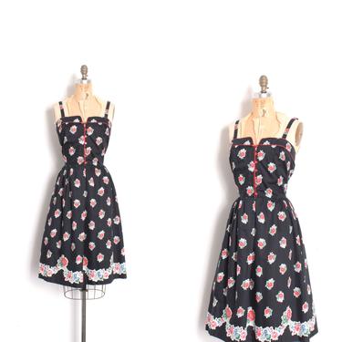 Vintage 1970s Dress / 70s Rose Print Cotton Sundress / Black Red ( small S ) 
