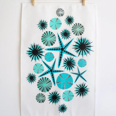 Turquoise + teal  starfish tea towel  •  retro / mid-century / geometric design 