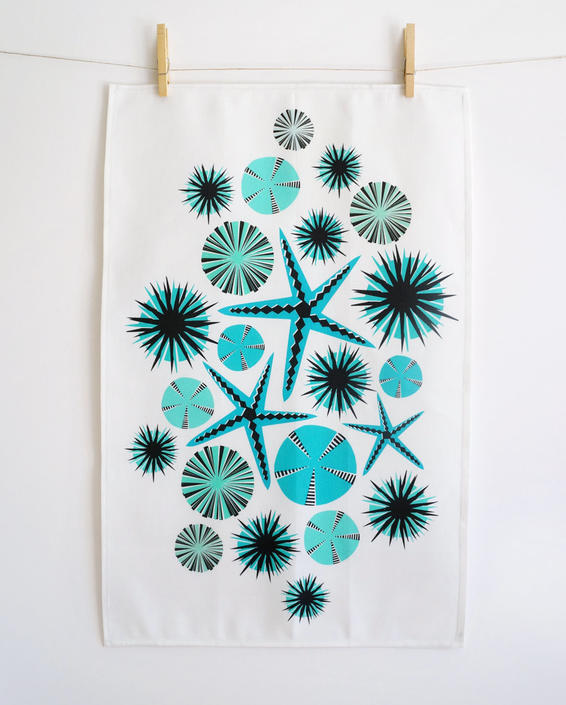 Turquoise + teal  starfish tea towel  •  retro / mid-century / geometric design 