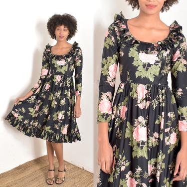 Vintage 1970s Dress / 70s Victor Costa Rose Print Party Dress / Black Pink ( XS extra small ) 