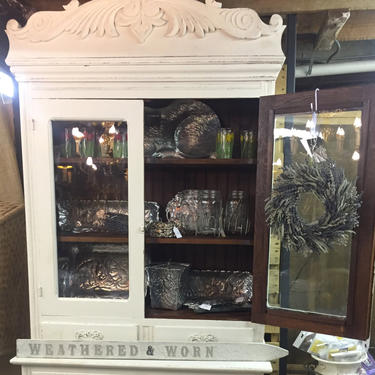 Antique Oak Hutch/Cupboard, Pie Safe; Painted White, Original Wavy Glass - Alexandria, VA PICK UP Only 