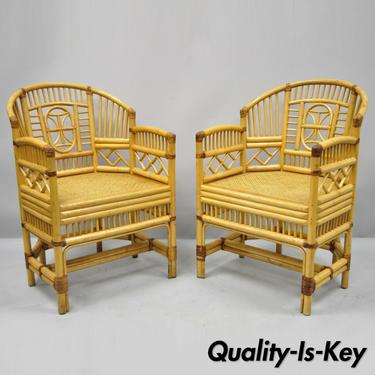 Pair of Vintage Brighton Pavilion Style Bamboo &amp; Cane Rattan Arm Chairs (A)