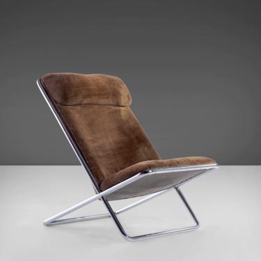 Ward Bennett Scissor Lounge Chair in Original Brown Upholstery on a Striking Chrome Frame, c. 1960s 