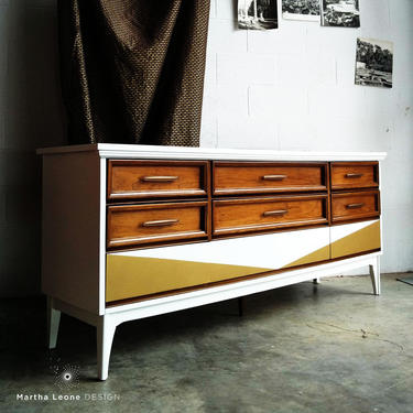 SAMPLE Mid Century Triple Dresser in White, Walnut, and Gold