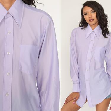 70s Lavender Shirt Purple Dagger Collar Shirt Button Up Shirt Long Sleeve Top Disco Shirt 1970s Collared Plain Oxford Small Medium 
