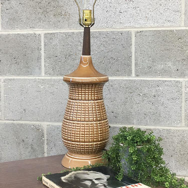 Vintage Table Lamp Retro 1960s Mid Century Modern + Brown + Ceramic and Walnut Wood Frame + MCM + Mood Lighting + Home and Table Decor 