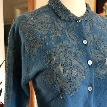 Exquisite Vintage 1950's  Cashmere and Hand Appliqué Lace Sweater by &quot;Blum's- Vogue &quot; of Chicago 50's Sweater girl Size Large 