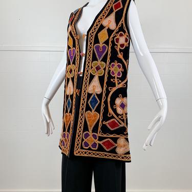 1960s Black Velvet Magic Embroidered Vest / Medium 