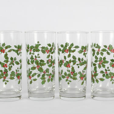 Christmas Glassware, Tumblers, Vintage Glassware, Vintage, Glassware, Barware, Water Glasses, Tom Collins, Holly &amp; Berry Glassware, Set of 4 