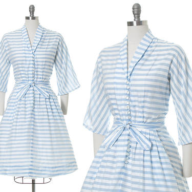 Vintage 1950s Dress | 50s Striped Blue White Lightweight Cotton Belted Shirtwaist Day Dress with Pockets (small/medium) 