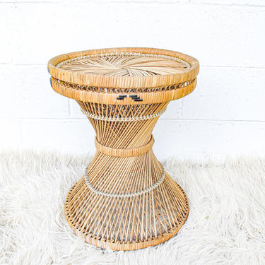 Vintage Woven Rattan and Bamboo Hourglass Shaped Side Table 
