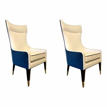 Caracole Couture Modern Navy Blue Velvet and White Linen Chairs - a Pair