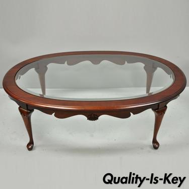 Pennsylvania House Cherry Wood Oval Beveled Glass Queen Anne Style Coffee Table