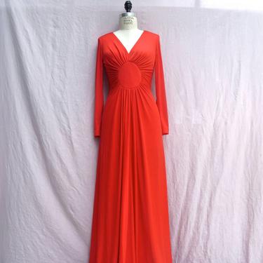 1970's Red Long Maxi Dress Hostess Gown Long Sleeves Knit Miss Magnin Medium 