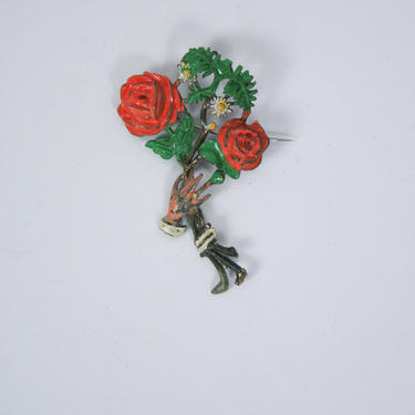 Vintage 30s Brooch | Vintage painted metal floral bouquet brooch | 1930s novelty accessory hand held rose bouquet pin 
