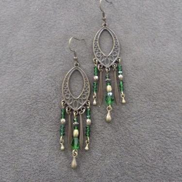Chandelier earrings, green crystal and bronze gypsy earrings, boho earrings, long ethnic tribal earrings, bohemian unique princess 2 