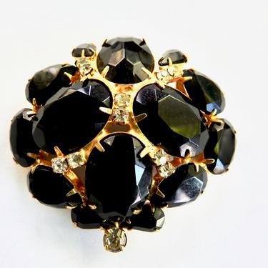 Large Black and Clear Rhinestone Brooch and Earrings 