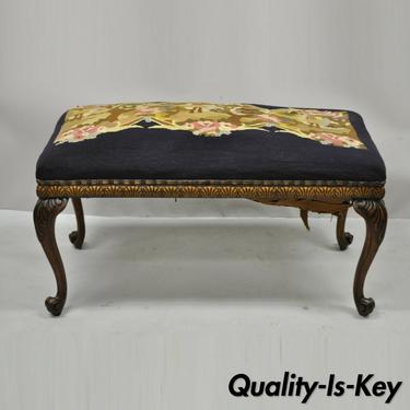 Antique French Victorian Needlepoint Carved Cabriole Leg Mahogany Bench