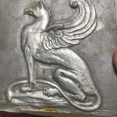 Vintage Deco Mythological Griffon Metal Bas Relief, Metal Sculpture, 7.5” W x 7” H 
