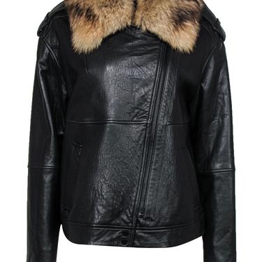 Vince - Black Leather Zip-Up Jacket w/ Coyote Fur Collar Sz XL