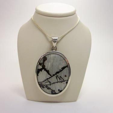 Stunning Vintage Modernist Style Gray Picasso Jasper Oval Pendant with Minimalist Sterling Settings on Liquid Sterling Chain 