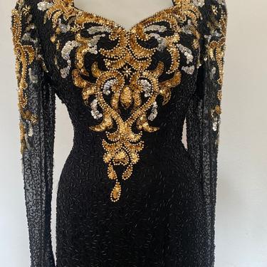 Vintage heavily embellished full length gown, long sequin dress, gold beaded gown, flapper dress size medium m 10 / 12  Eur 40 