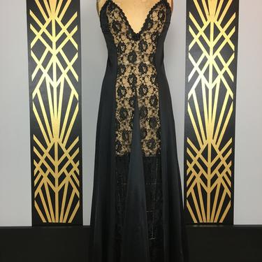 1970s nightgown, black lace, vintage lingerie, see through, spaghetti straps, small medium, sexy nightgown, plunging neckline, sheer stripes 