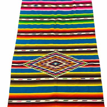 Vintage Large Blue Mexican Woven Southwester Rug Saltillo Serape Blanket Weaving 