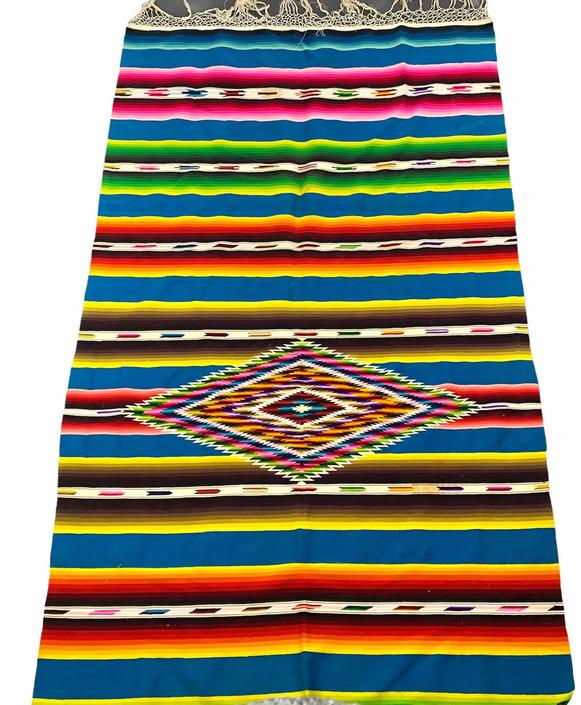 Vintage Large Blue Mexican Woven Southwester Rug Saltillo Serape Blanket Weaving 