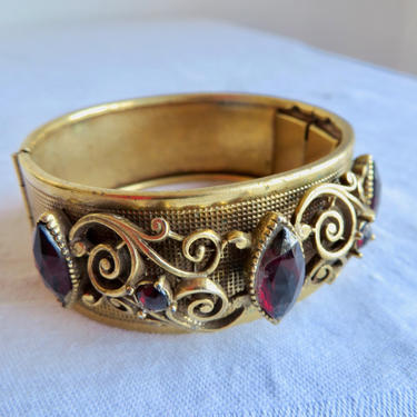 Vintage 1940's Gold Tone ClamperCuff Hinged Bracelet with Ruby Red Glass Faceted Stones Victorian Revival 
