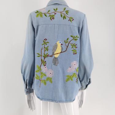 70s embroidered denim jacket : custom stitched shirt with birds and flowers 1970s vintage hippy festival size 14 L 