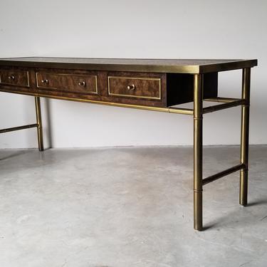 1970s Mastercraft Brass and Burl Wood Three-Drawer Console Table 