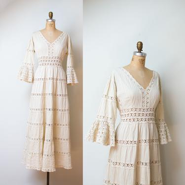 1970s Mexican Wedding Dress / 70s Bell Sleeve Maxi Dress 