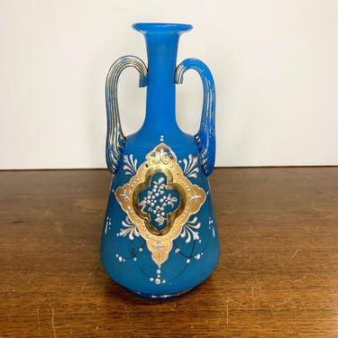 Antique French Blue Opaline Glass Satin Finish Gold Enamel Hand Painted Bottle 